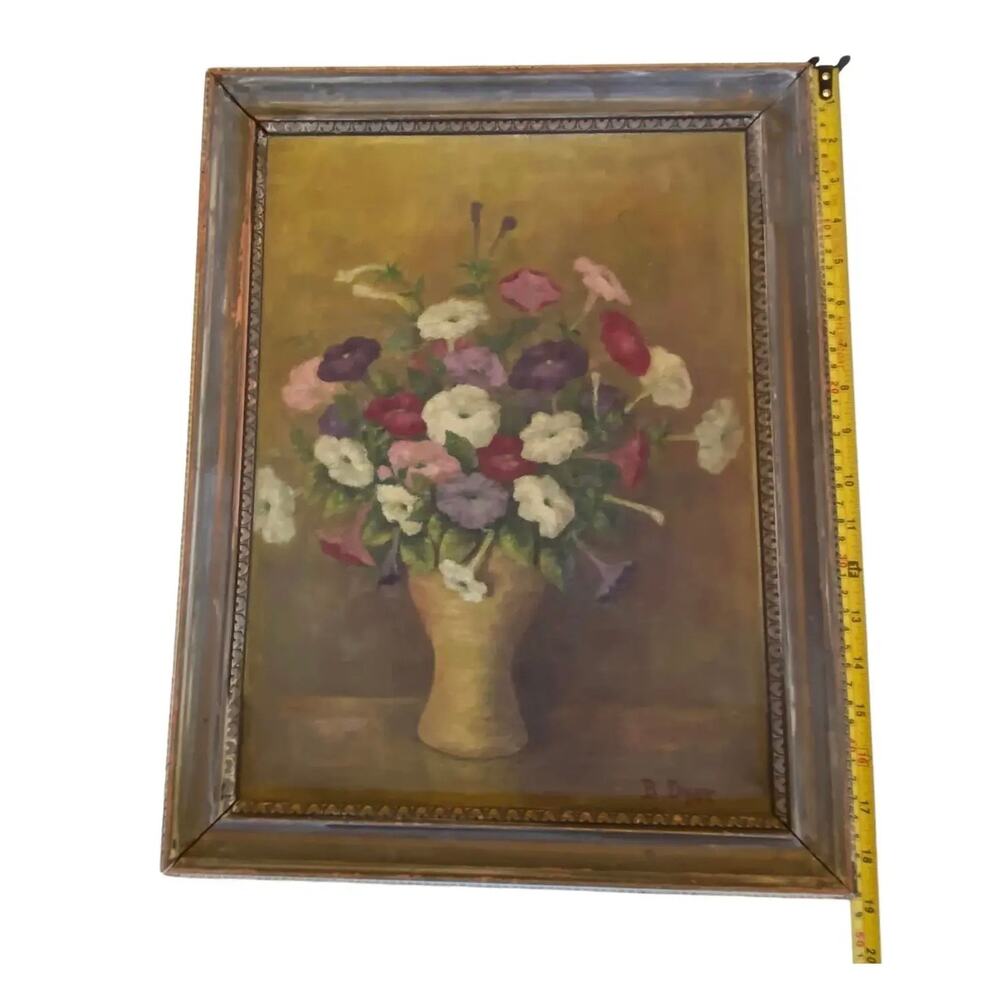 Early 20th Century “Petunias Floral Still Life” Oil Painting on Board Signed - Picture 10 of 13